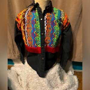 Vintage Saisa Womens Medium Western Fringe Rodeo Long Sleeve Shirt Black